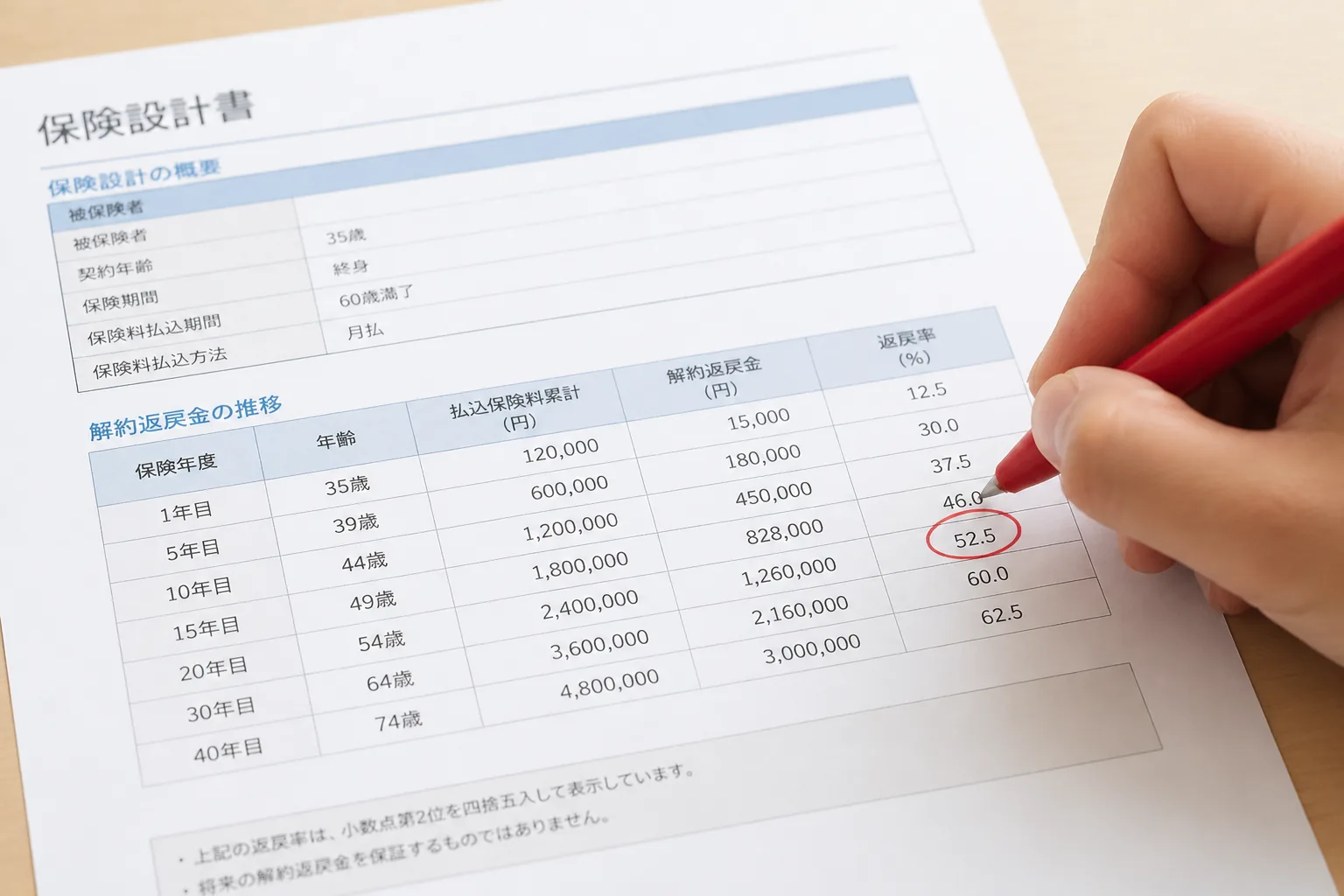 返戻率と解約返戻金を確認する場面