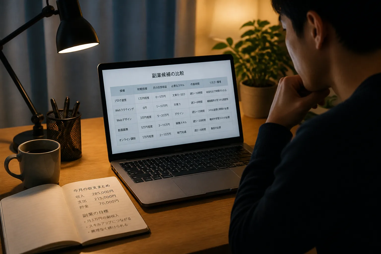 副業候補を自宅で比較する会社員の机