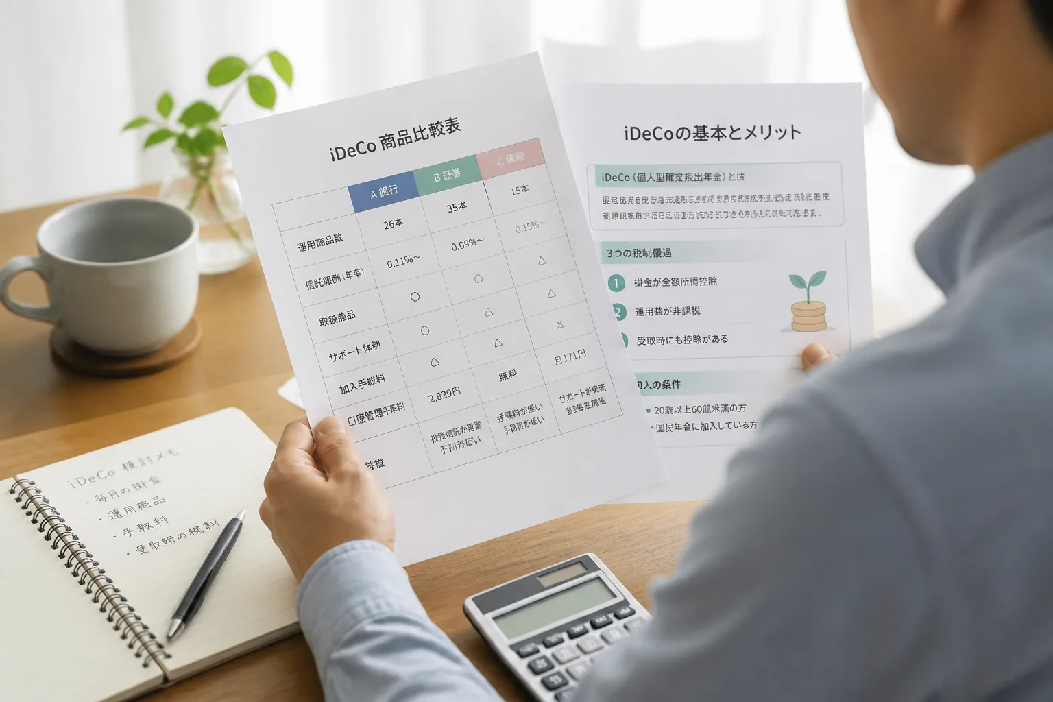 iDeCo比較を検討する会社員の手元