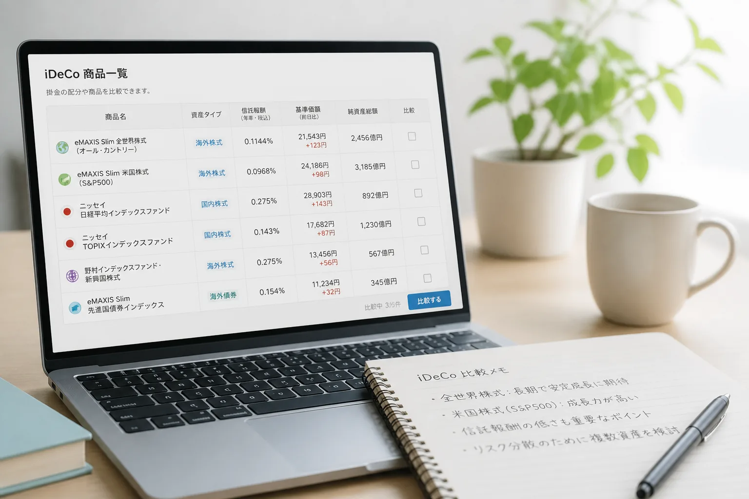 iDeCo商品の比較画面