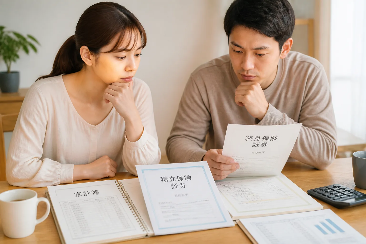 積立保険と終身保険を比較する家庭の様子