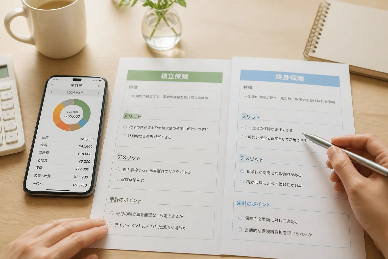 積立保険と終身保険を家計目線で比較するイメージ