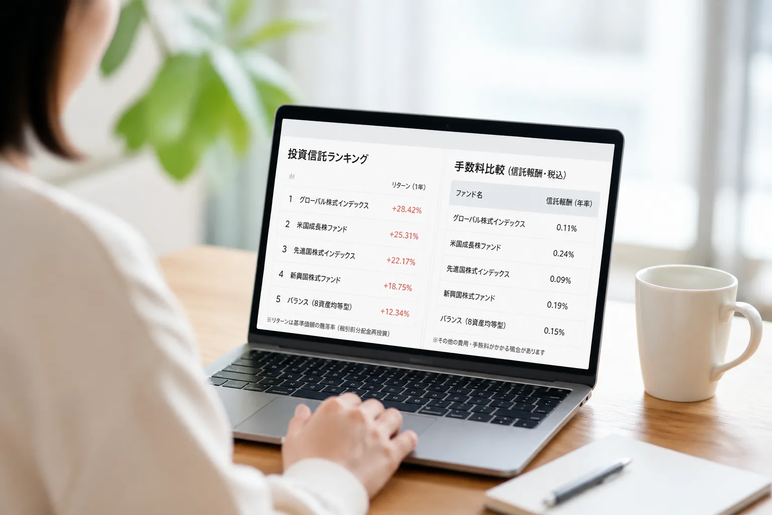 投資信託ランキングと手数料比較画面