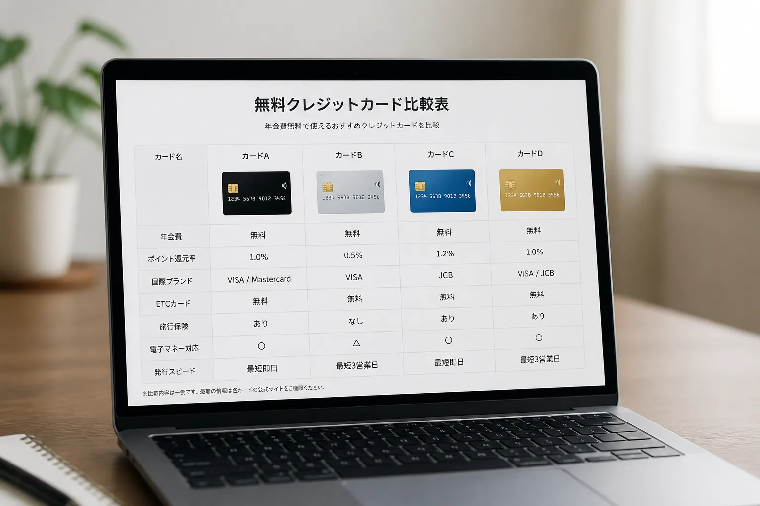 無料クレジットカード比較表の確認画面