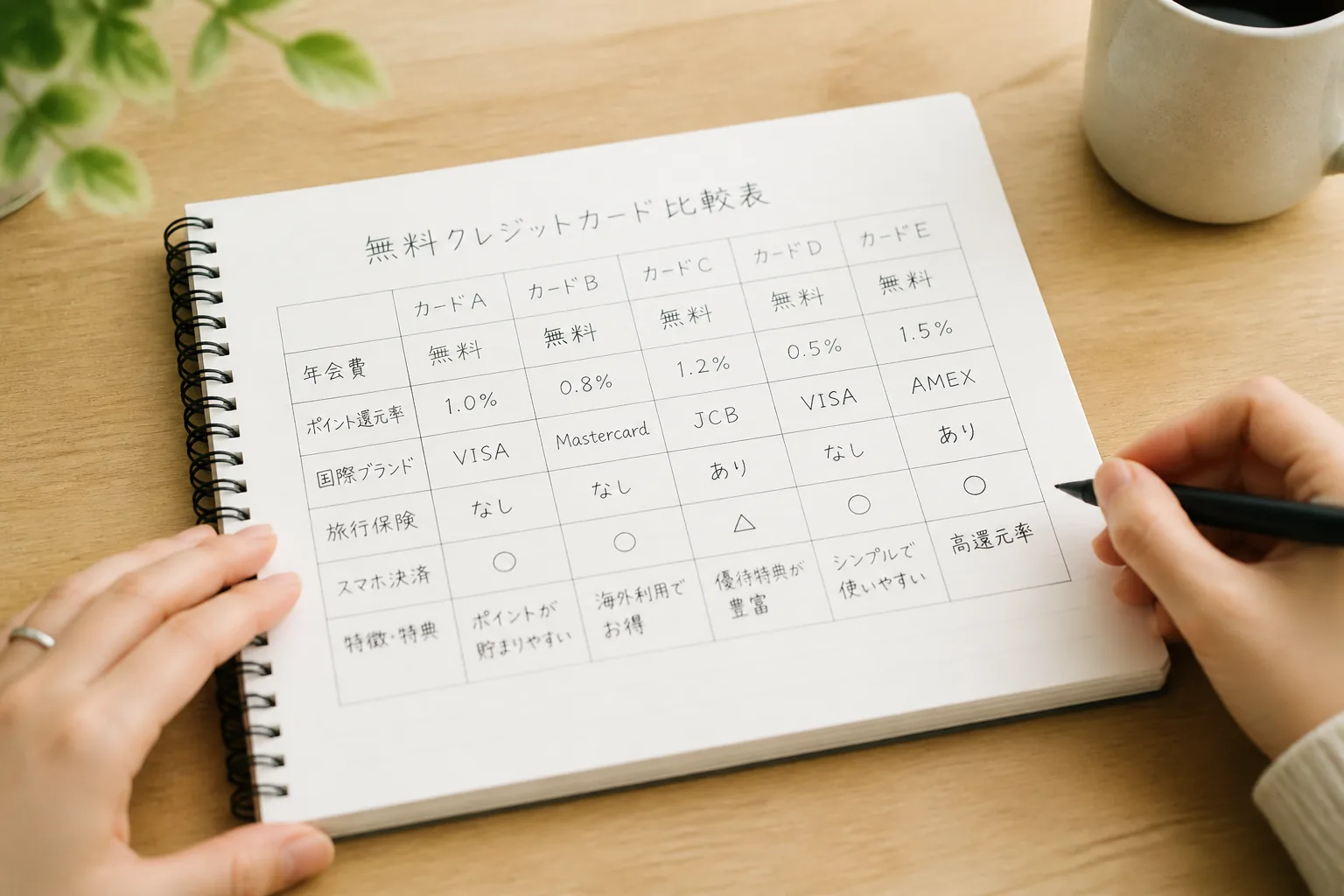 無料クレジットカード比較表の確認