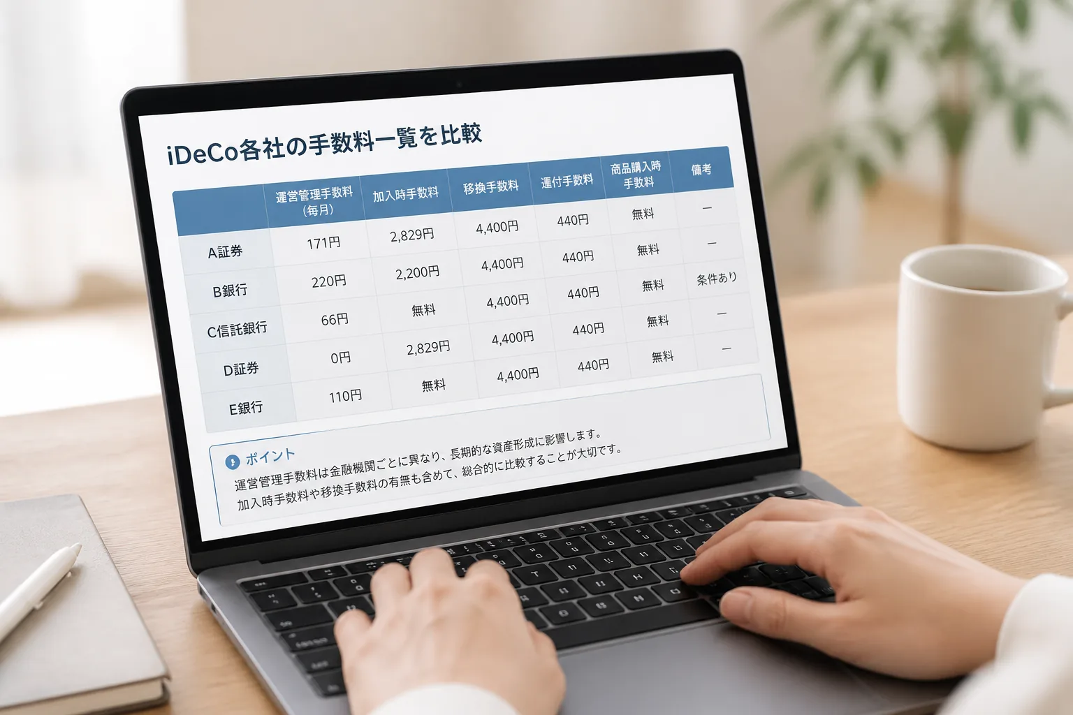 iDeCo比較で手数料を確認する画面