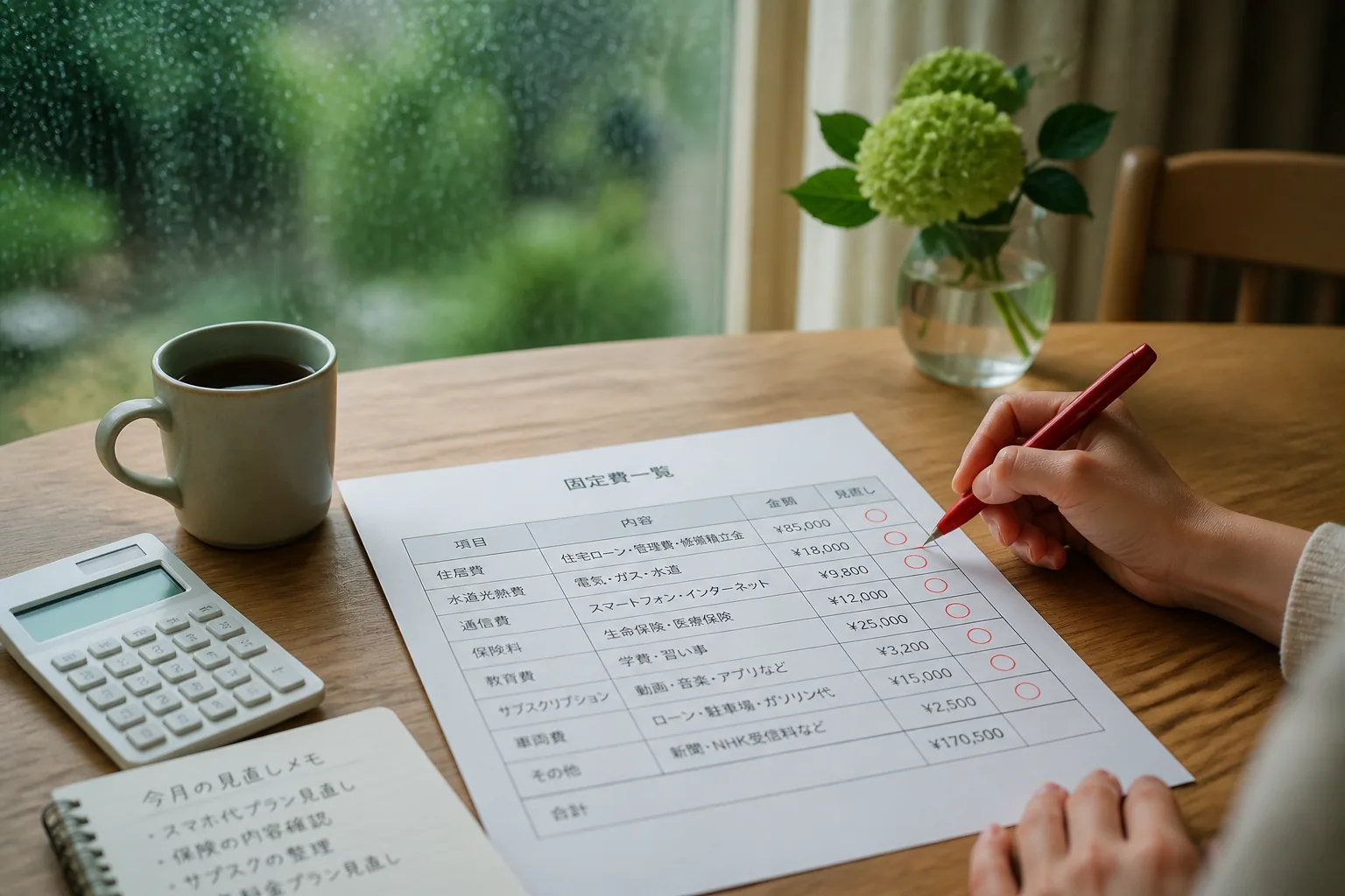 梅雨の家計固定費を点検するシーン