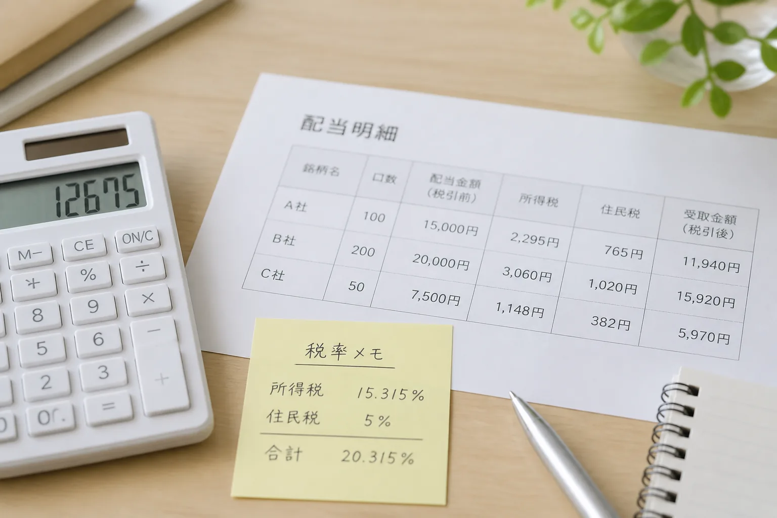 配当金の税引き後手取りを計算する様子