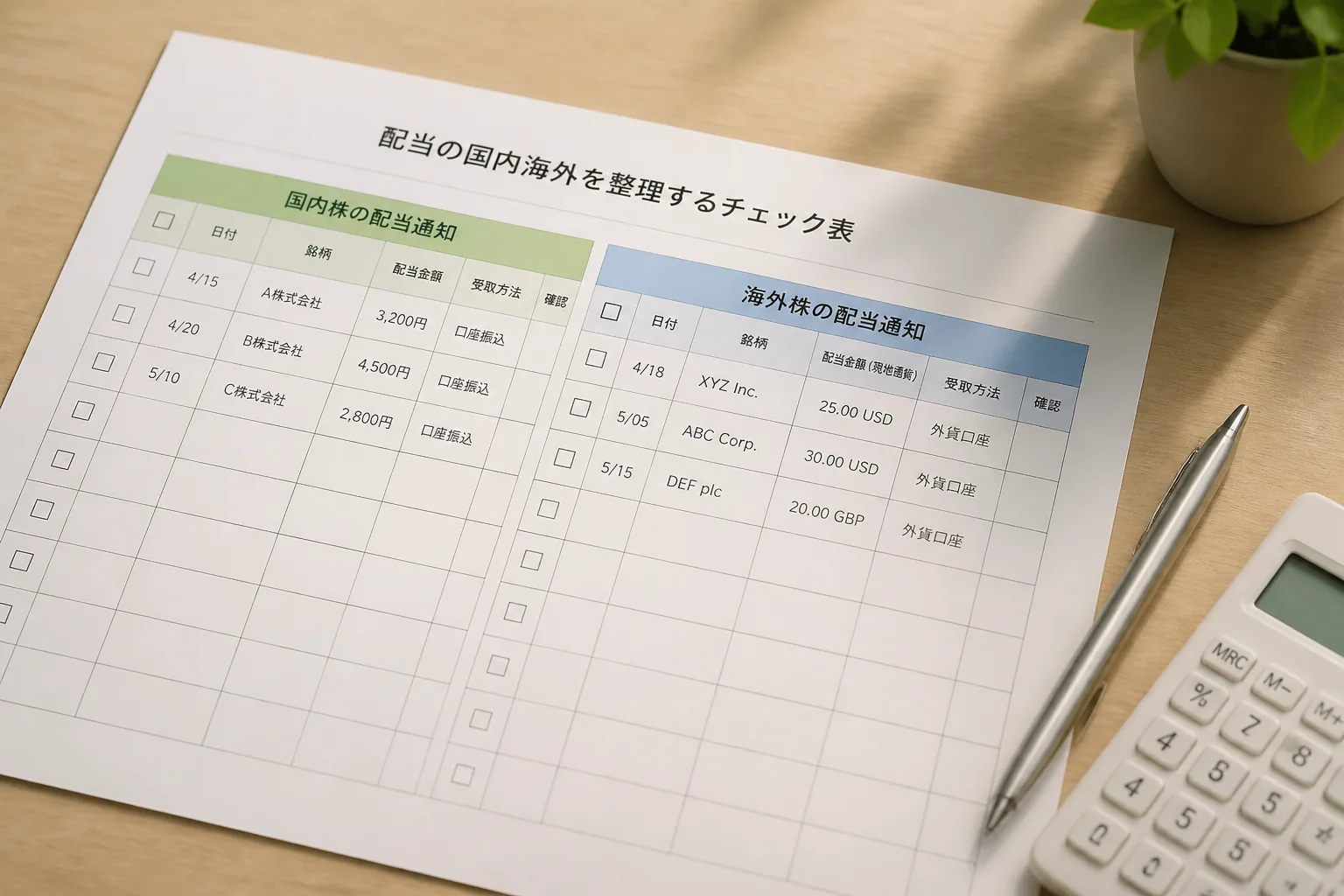 配当の国内海外を整理するチェック表