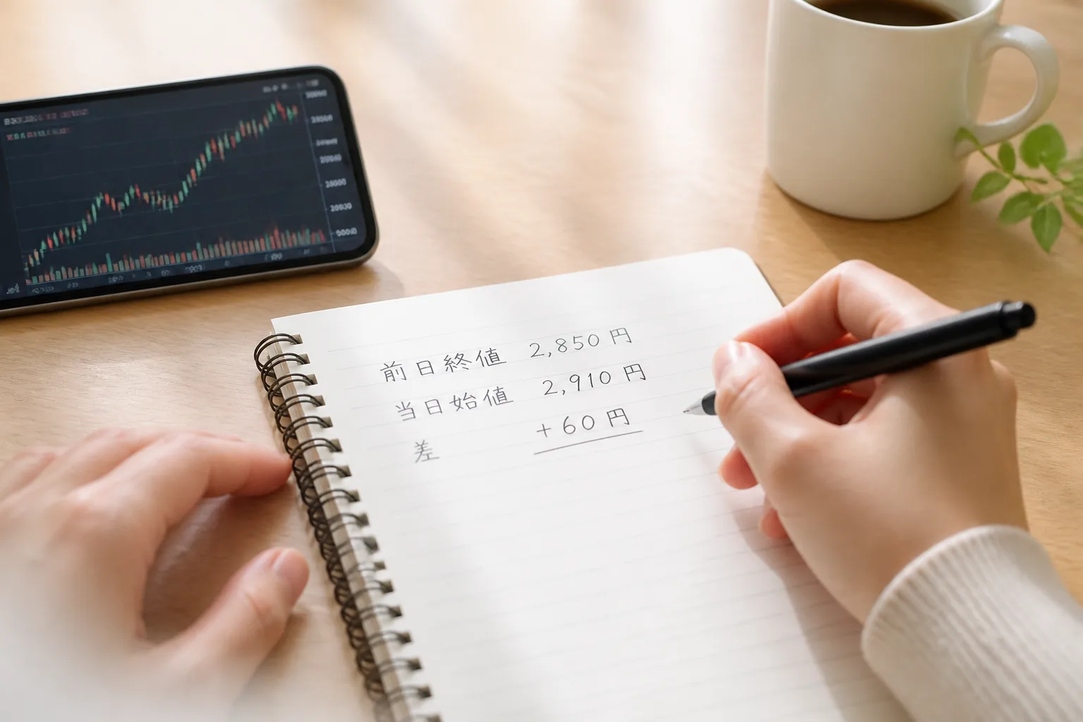 始値と終値の差をメモする様子