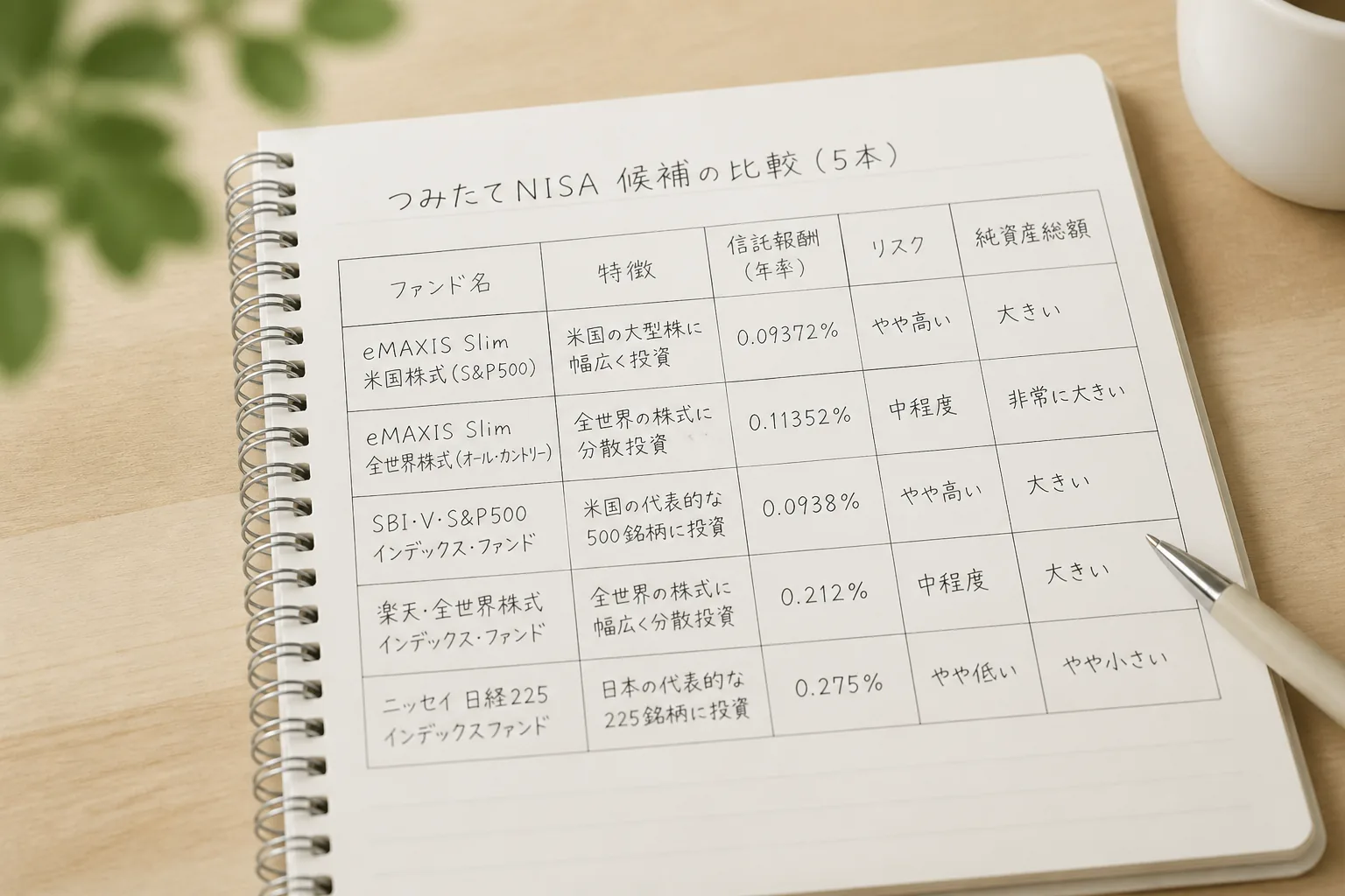 つみたてNISA候補5本の比較イメージ