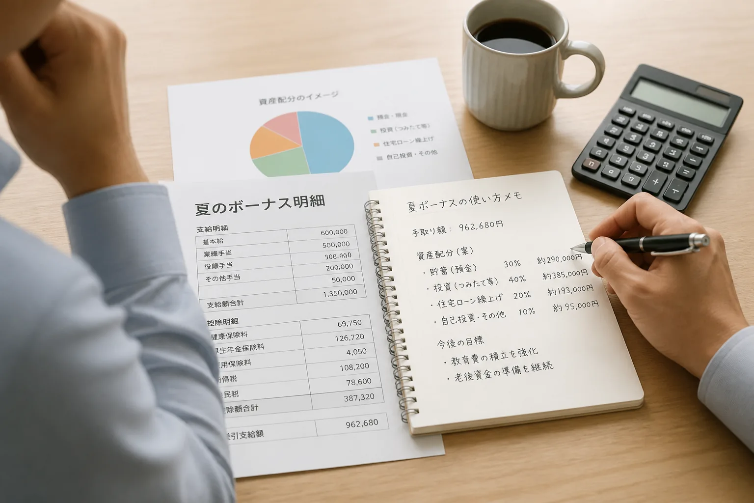 夏ボーナスと資産配分を考える会社員の手元
