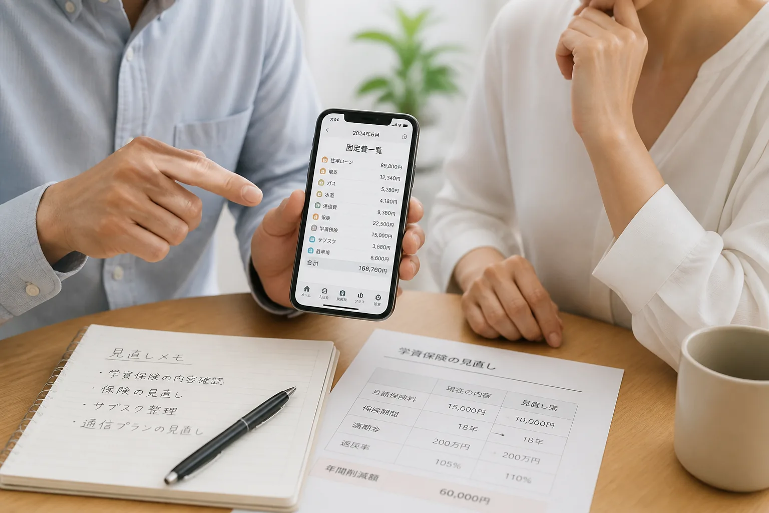 学資保険と固定費を見直す家計管理画面