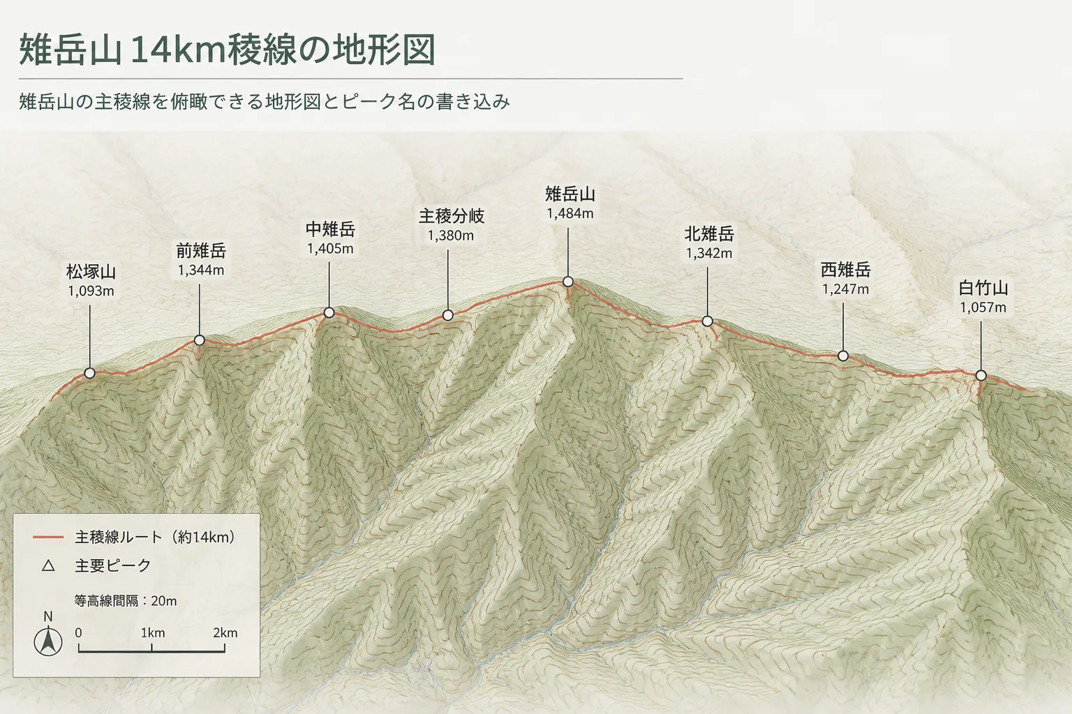 雉岳山14km稜線の地形図