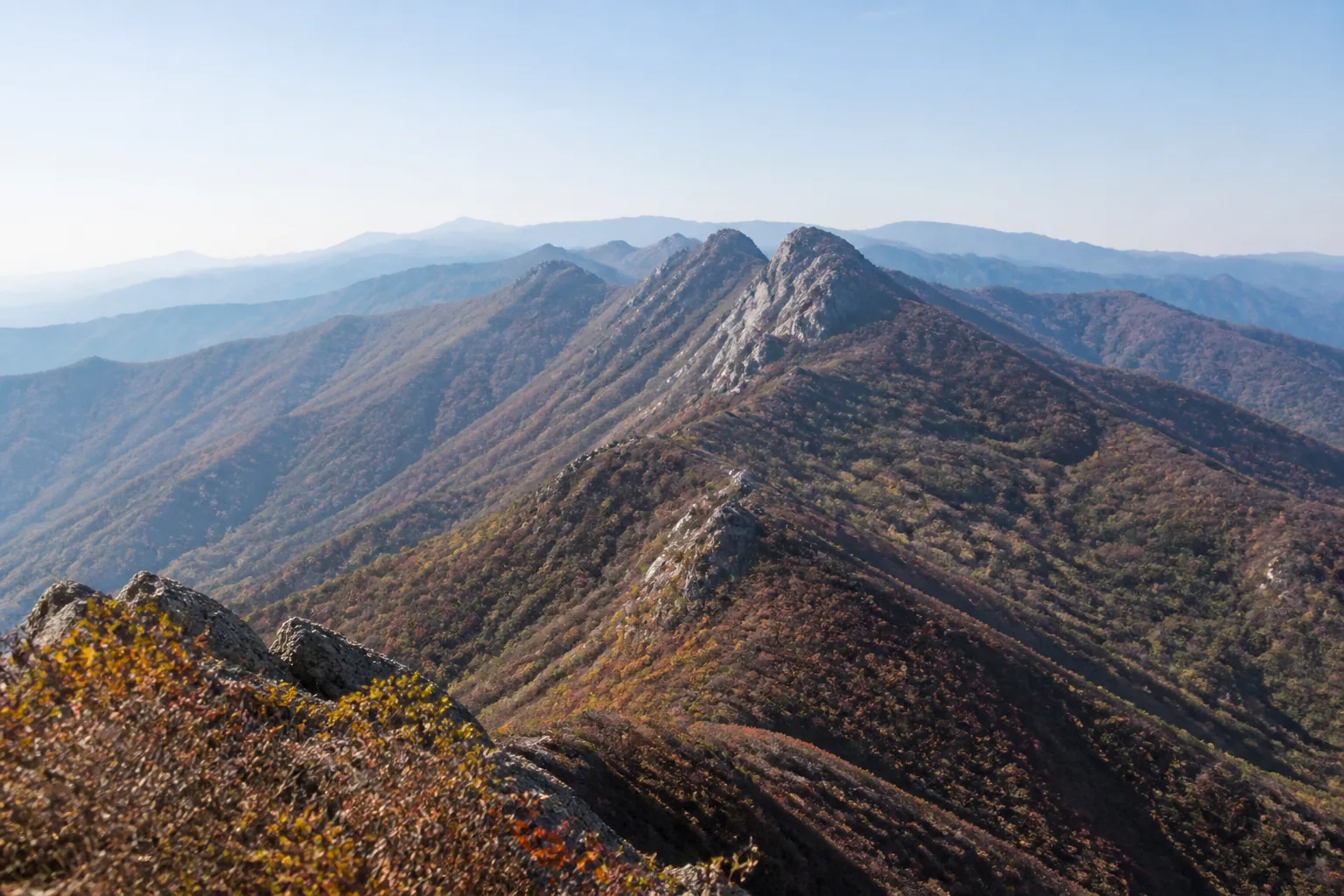 雉岳山の峰々を見渡す稜線風景