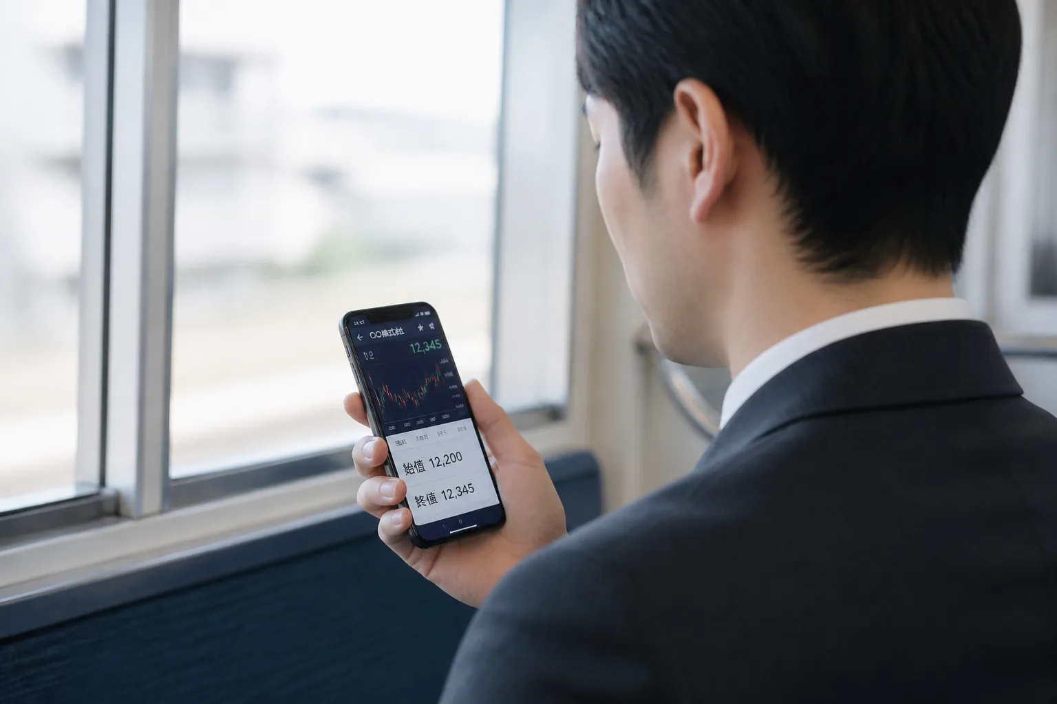 株価アプリで始値と終値を確認する様子